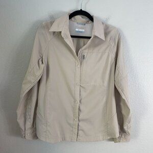 Columbia Womens Large Beige Button Up Outdoor Shirt Roll Tab Sleeve Top